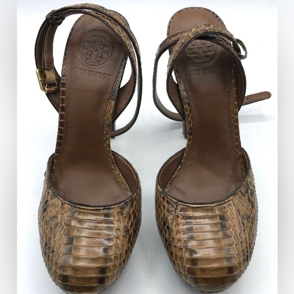 Tory Burch Snakeskin Leather Cream Brown Maryjane Platforms Heels